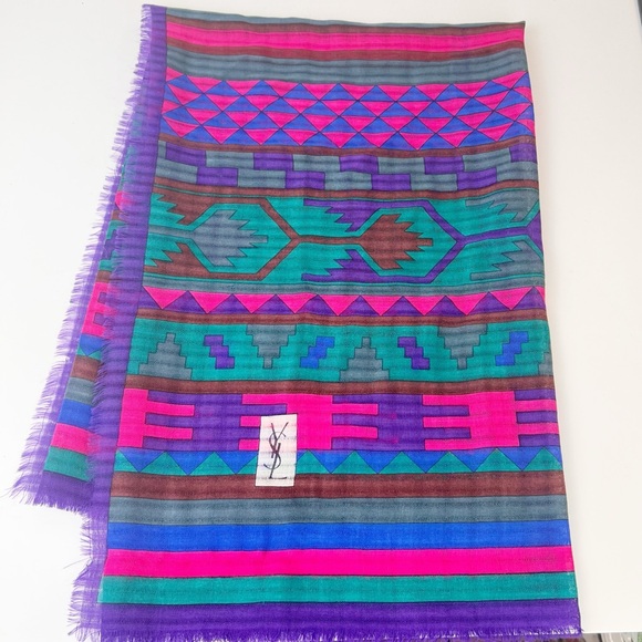 YVES SAINT LAURENT YSL Large Scarf Bright Multicolored Aztec Southwestern Print - Picture 1 of 6